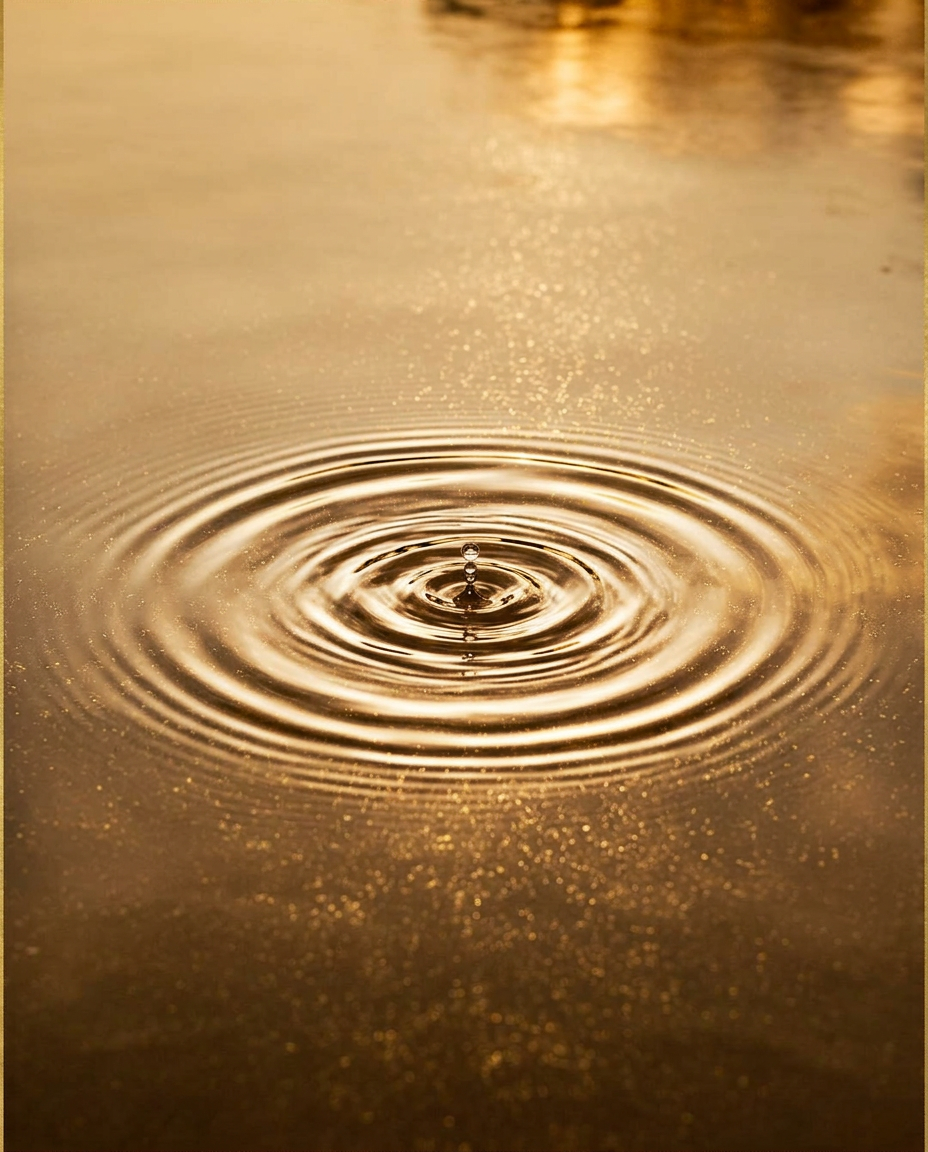 A single ripple expanding across still dark water at dusk