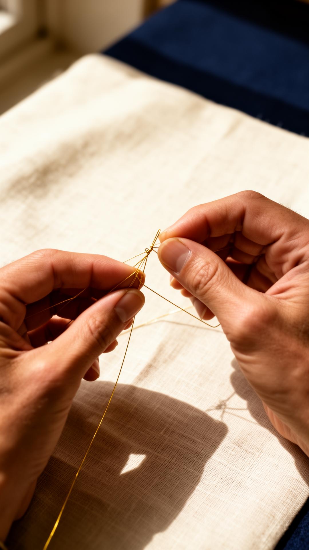Hands working delicately with fine gold thread in soft window light